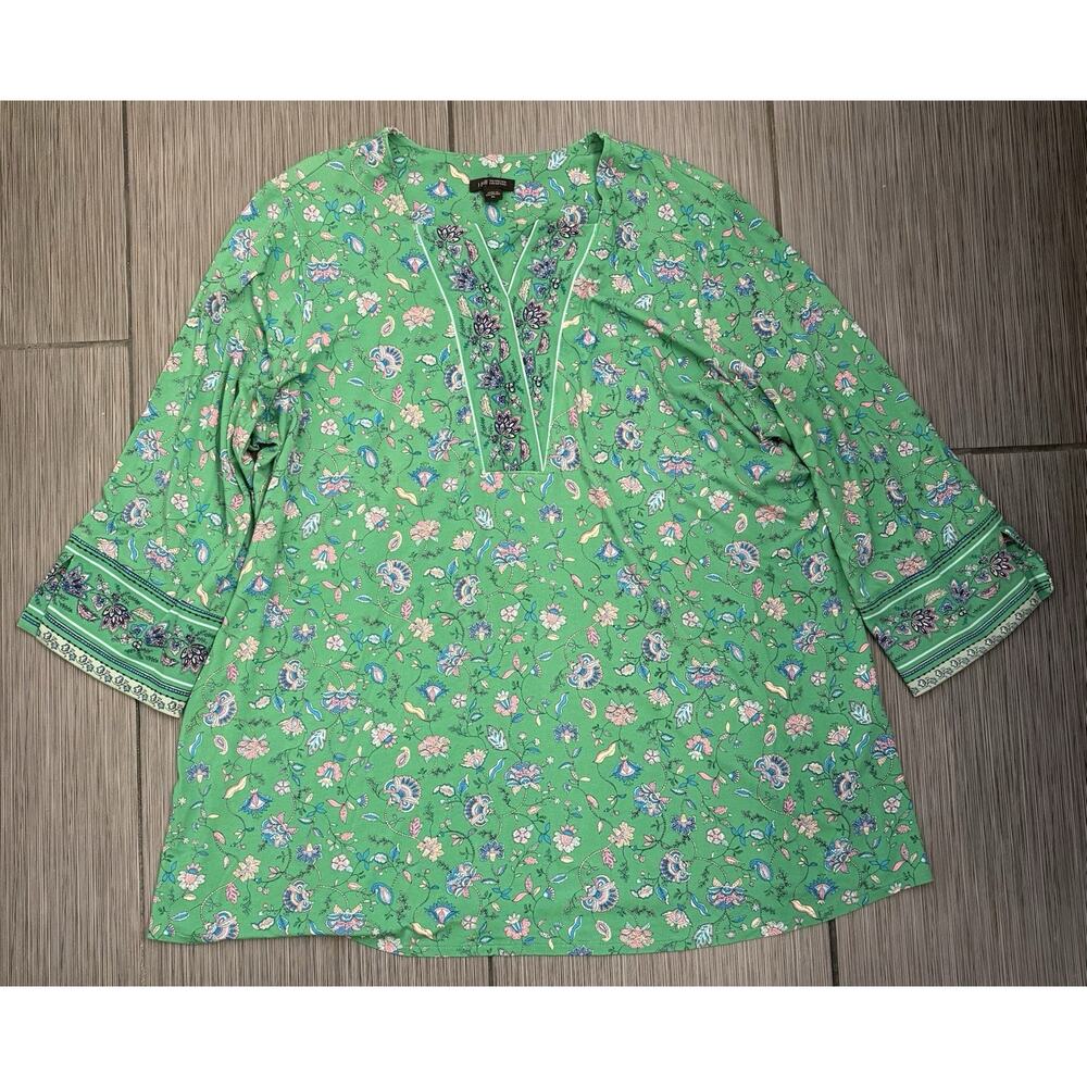 J. Jill Whatever Collection Green Floral Paisley Tunic Top Size XL V-Neck